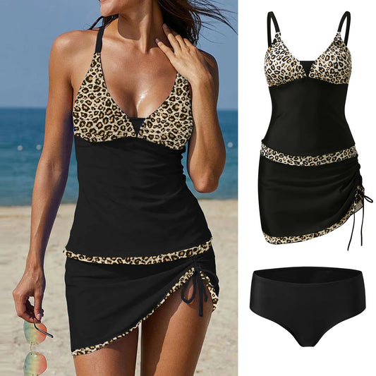 Women Plus Size Tankini Dress Leopard Drawstring Swimwear Women Swimsuit Female Monoiki Set Bodysuit Bathing Suit Summer Bikini