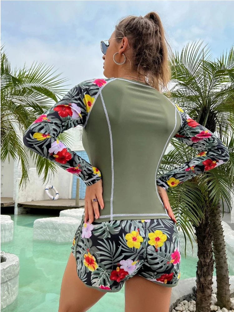 Tankini Tropical Print  Long Sleeve Beachwear