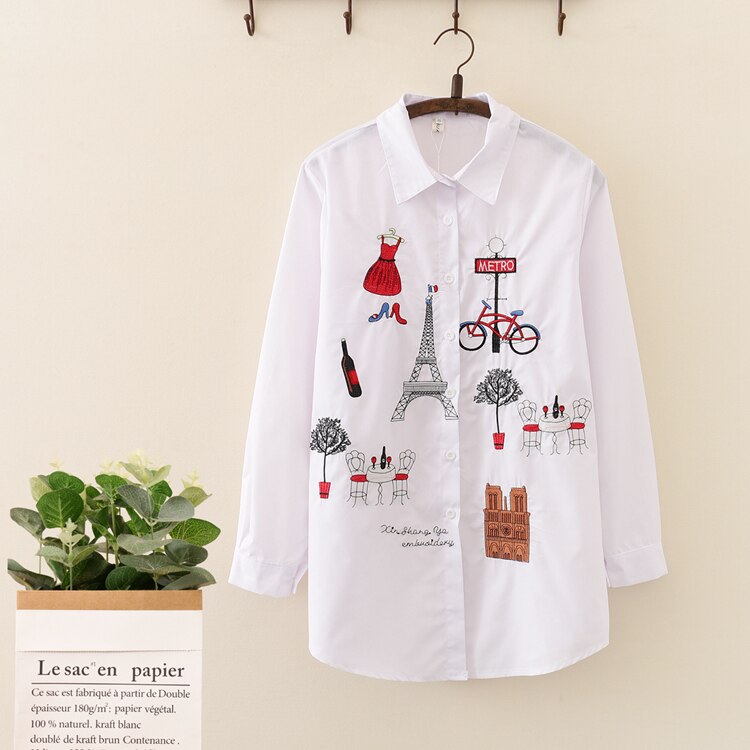 New White Long Sleeve Cotton Embroidery Blouse