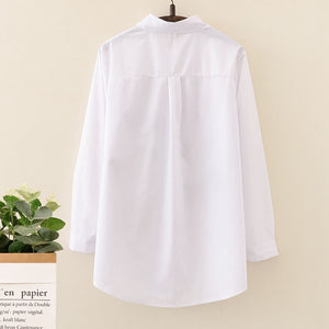 New White Long Sleeve Cotton Embroidery Blouse